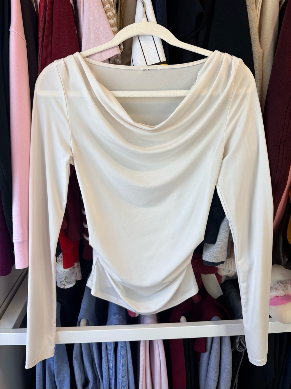 H&M Cream Draped Cowl-Neck Long Sleeve Top